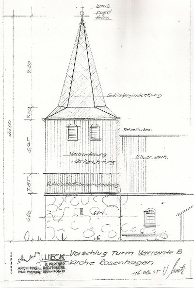Zeichnung historischer Turm Kirche Rosenhagen
