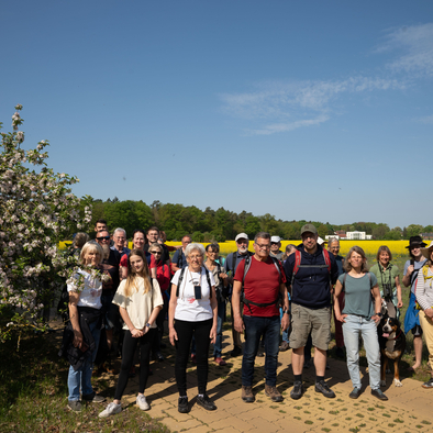 Gruppe von Pilgernden unter blühenden Obstbäumen auf dem neu eröffneten Mariannenweg in der Prignitz.